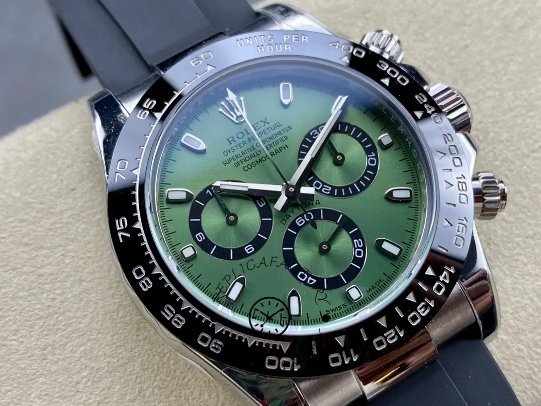 Rolex Daytona 126506, close-up of green dial with subdials and applied hour markers.