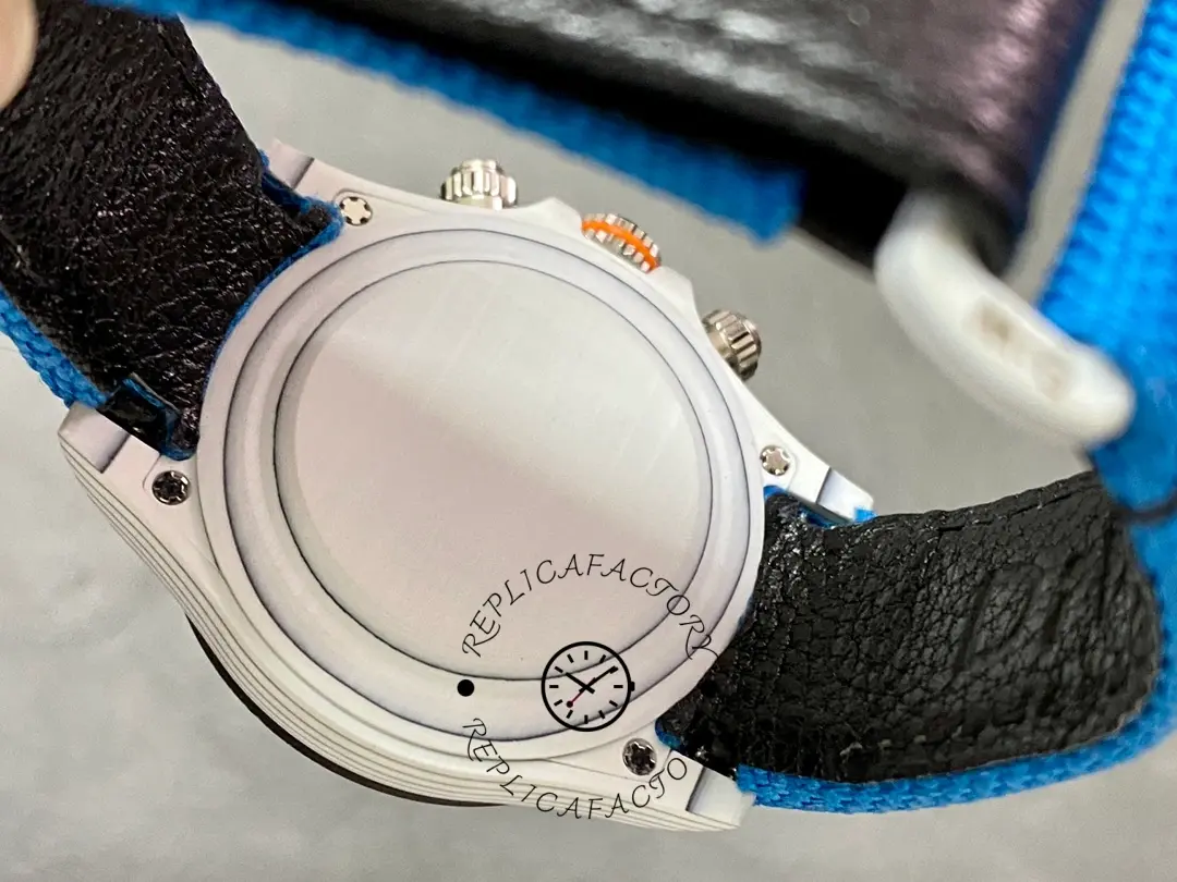 Rolex Daytona 116500LN, caseback view showing back cover and strap attachment.