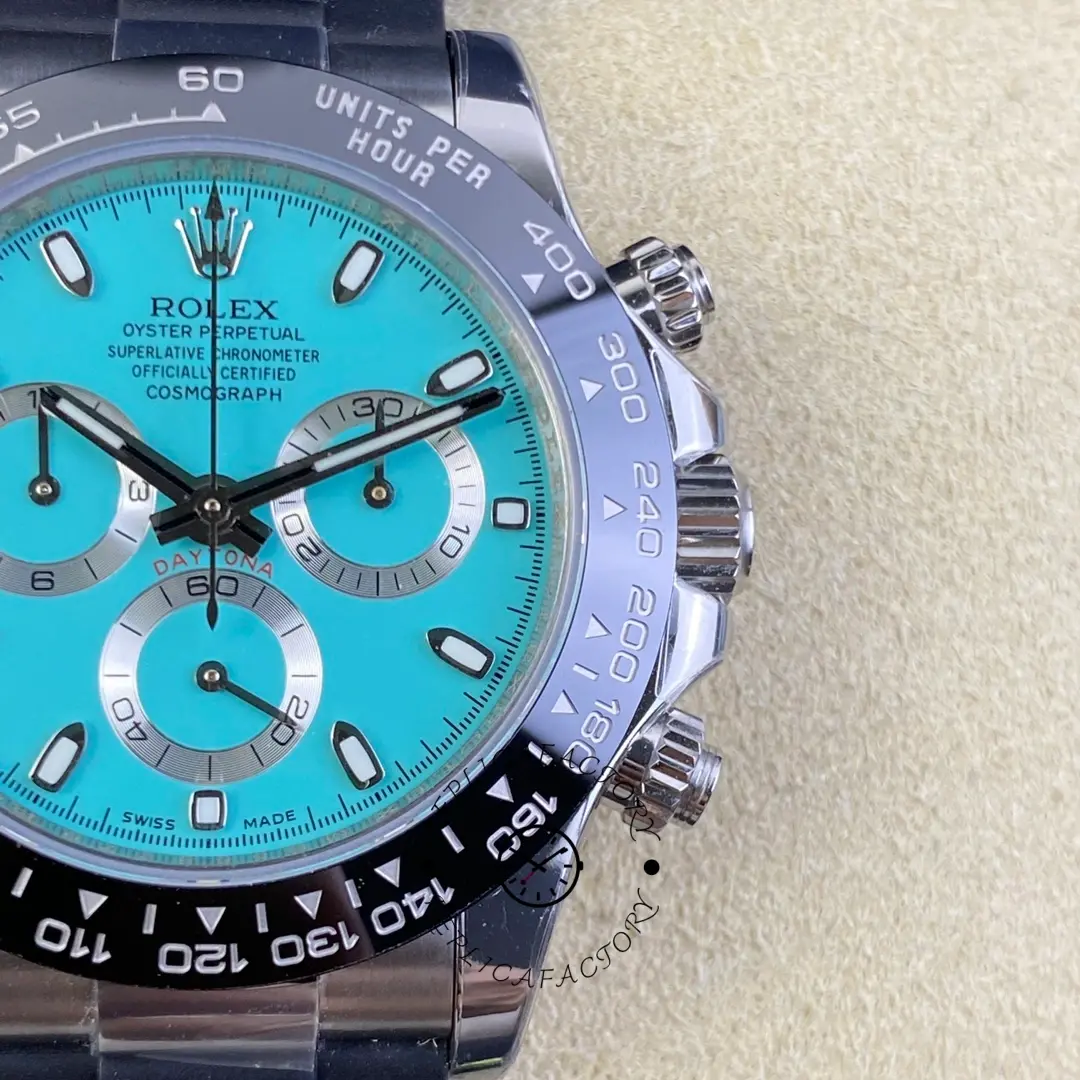 Close-up of Rolex Daytona 116519LN dial showing markers and chronograph layout.