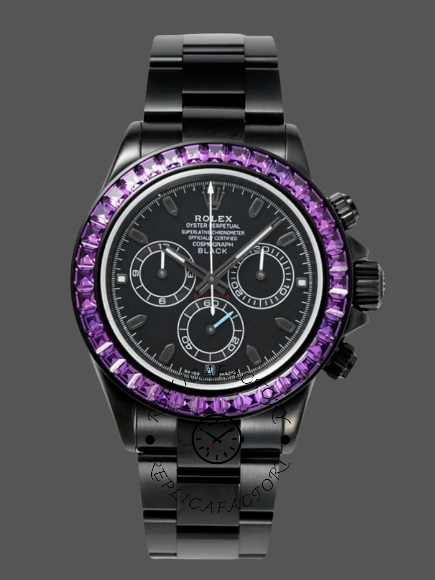 Rolex Rainbow Daytona 116520 DLC-PVD, front view with purple-toned rainbow bezel.