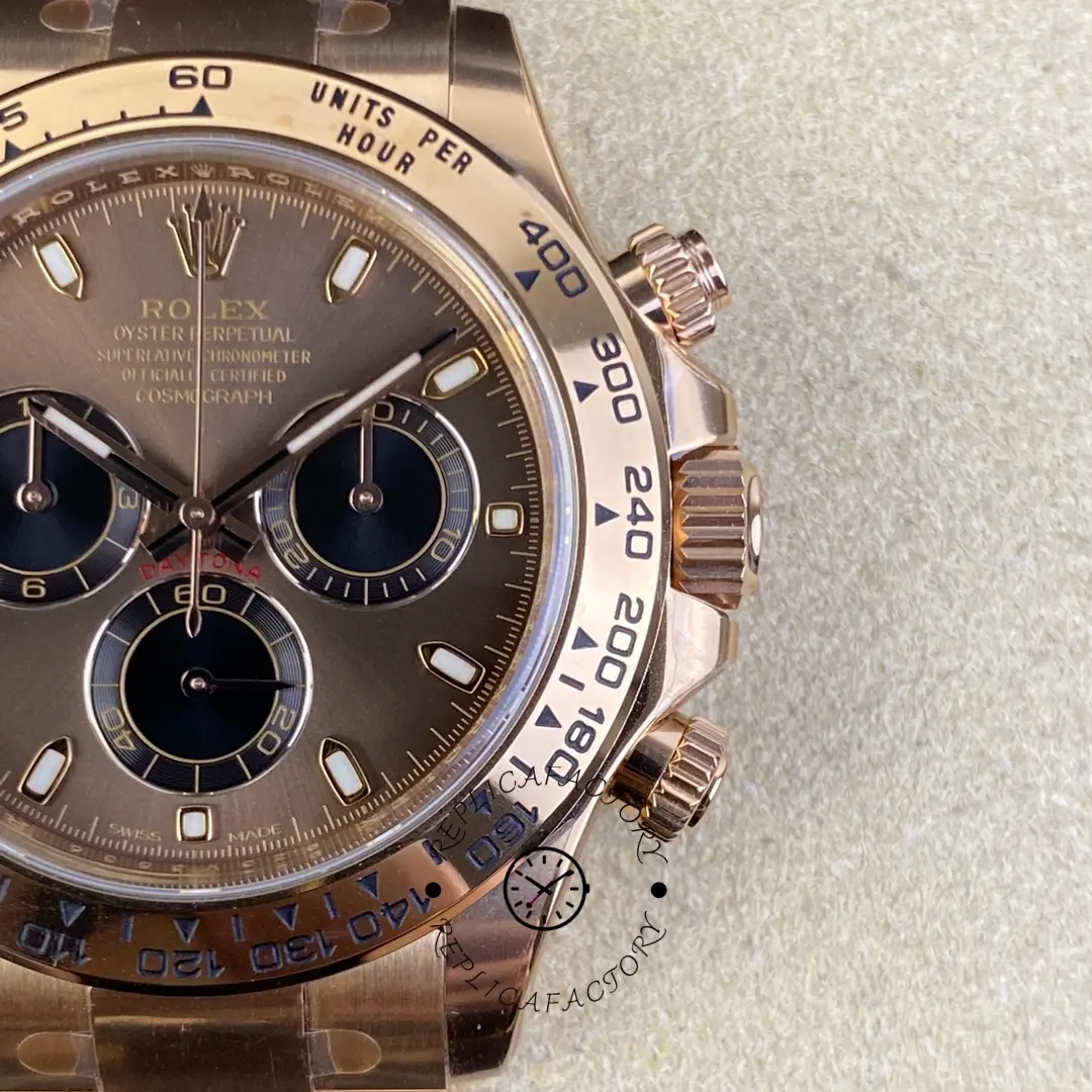 Rolex Daytona 116505 close-up on cushion, subdials and hands highlighted against brown dial.