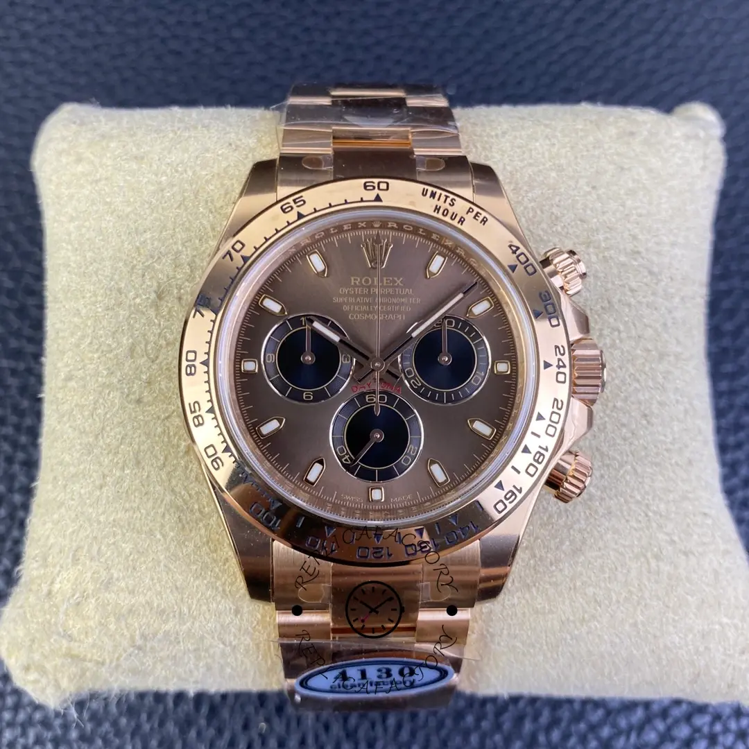 Rolex Daytona 116505 full watch view, bracelet with chocolate dial and black subdials on cushion.