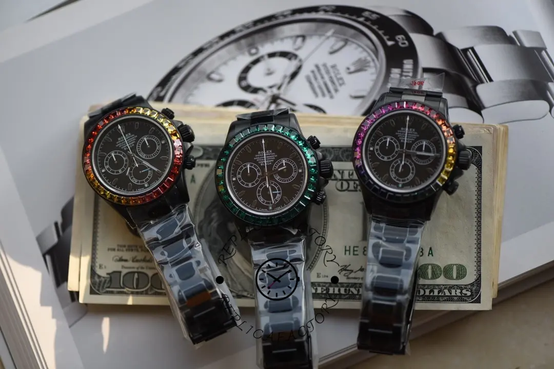 Rolex Rainbow Daytona 116520 DLC-PVD, group photo of multiple watches on cash.