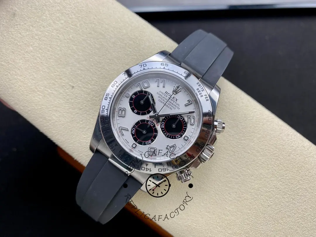 Rolex Daytona 116519, angled front view on black strap.