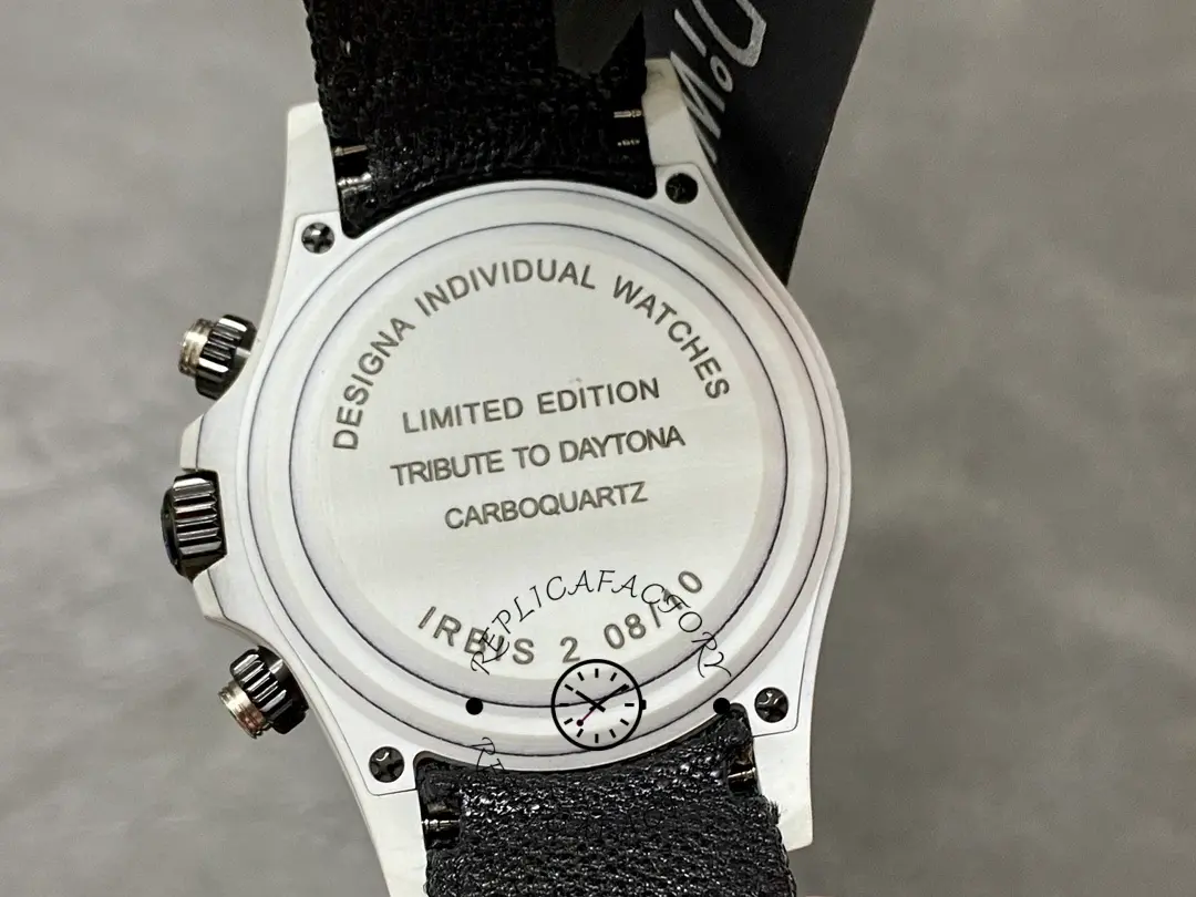 Caseback view of Rolex Daytona Cosmograph 40mm with engraved text on the back plate.