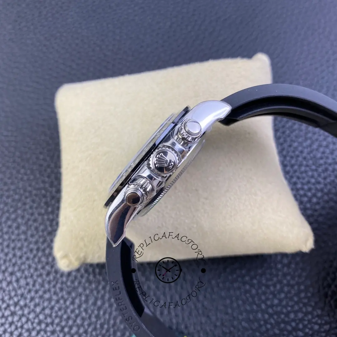 Side profile of Rolex Daytona 116519LN showing crown and chronograph pushers.