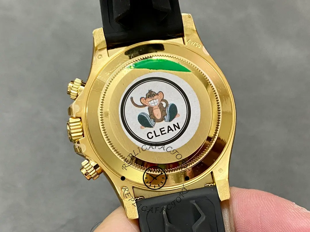 Rolex Daytona 116518, caseback view showing the gold back and strap attachment points.