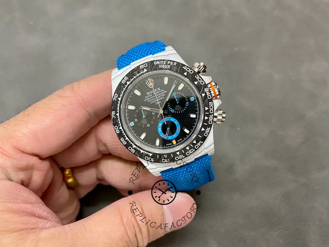 Rolex Daytona 116500LN, full watch in hand showing strap fit and overall proportions.