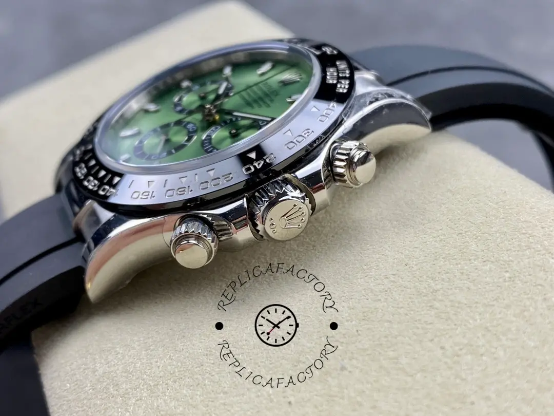 Rolex Daytona 126506, crown and chronograph pushers side view, with ceramic bezel edge visible.