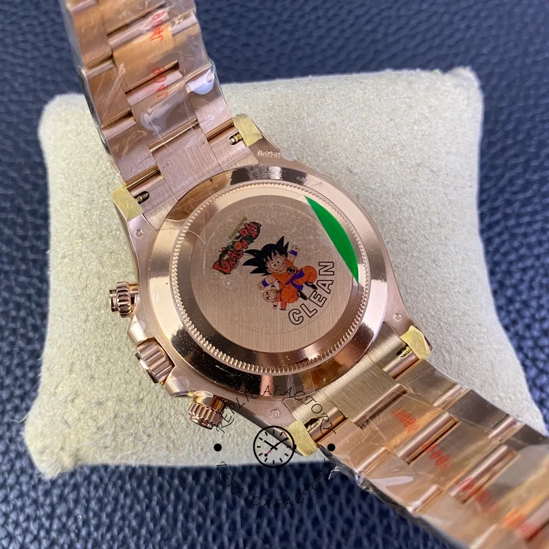 Rolex Daytona 116505 caseback close-up with green sticker, rear finishing visible.