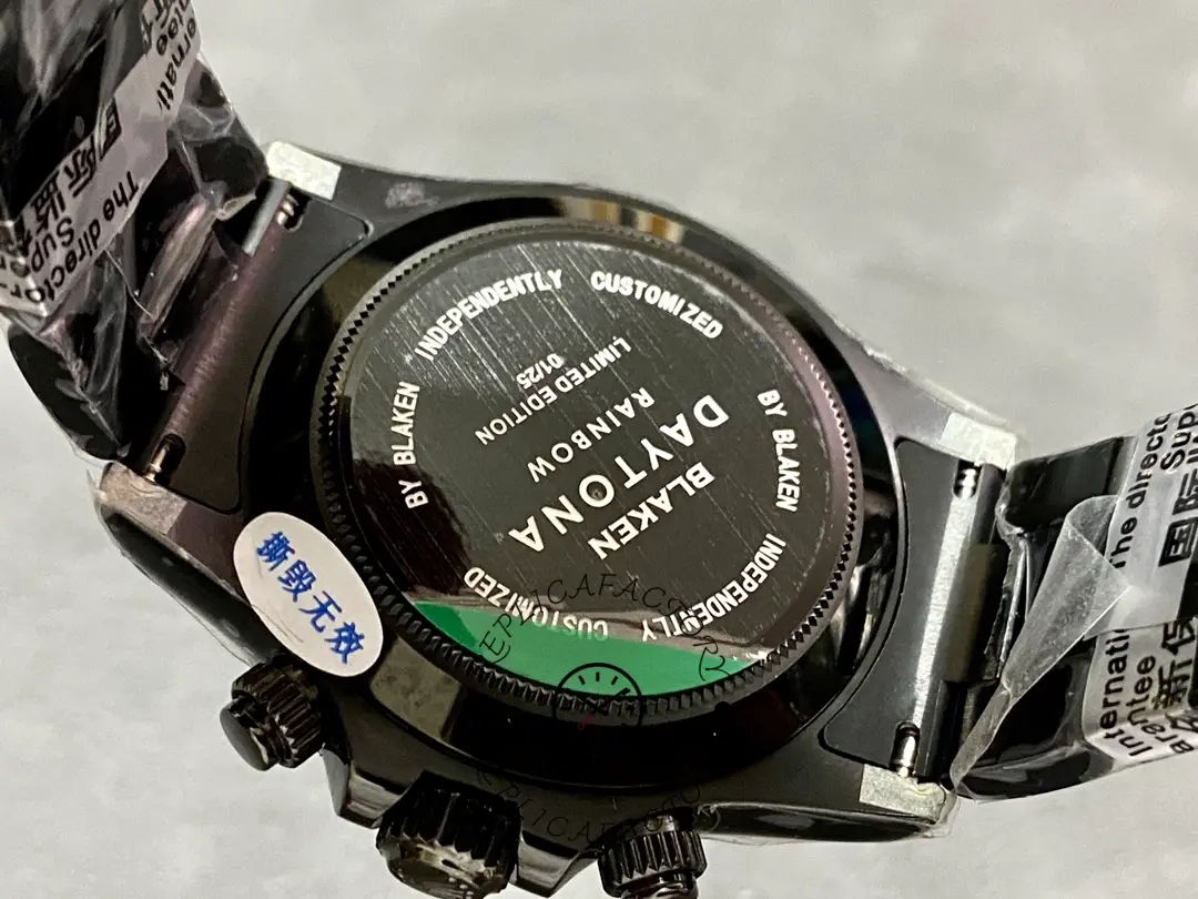 Case back view of the Rolex Daytona Blaken PVD 40MM, showing back cover and sticker detail.