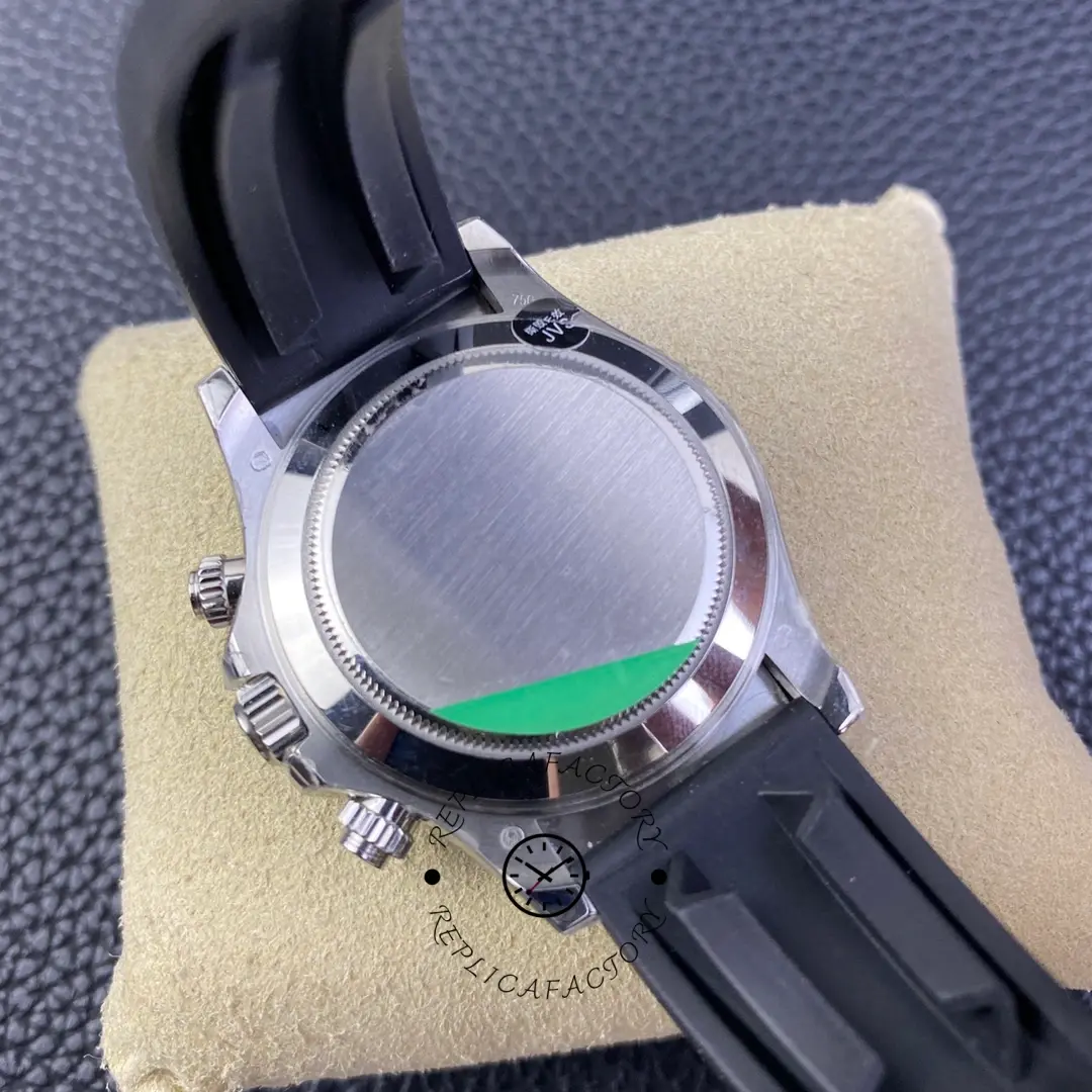 Caseback view of Rolex Daytona 116519LN with smooth solid back and rubber strap.