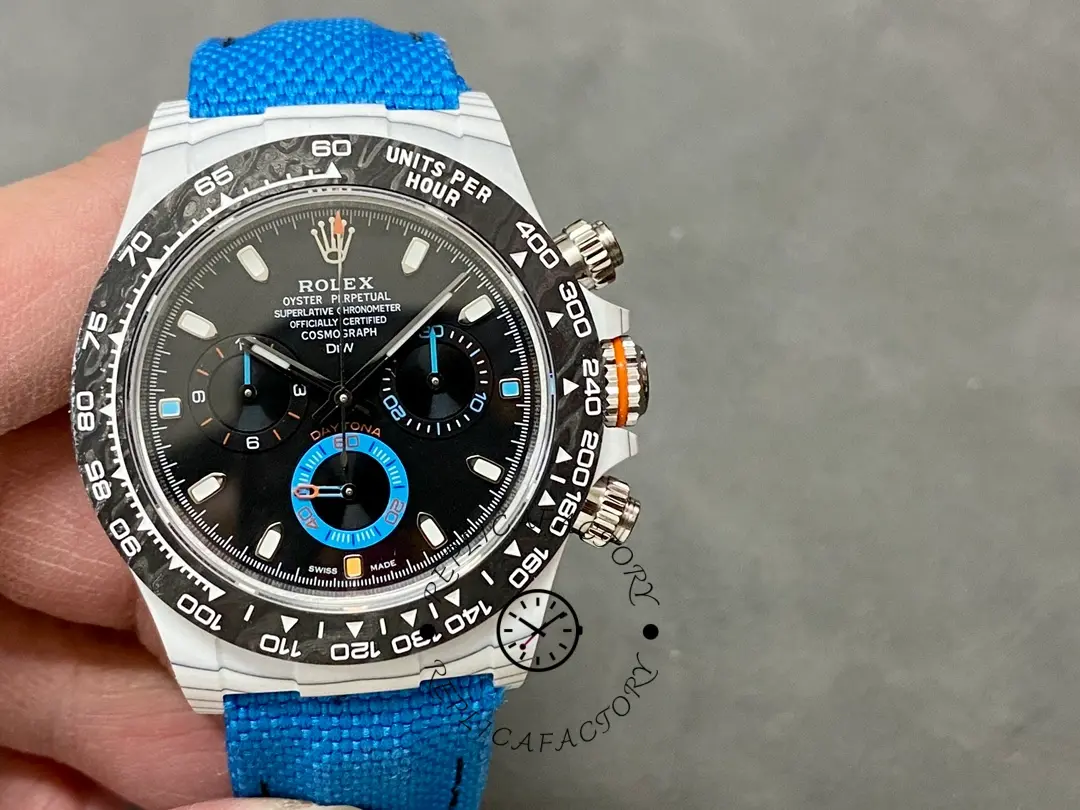 Rolex Daytona 116500LN, straight-on close-up highlighting black dial and chronograph subdials.