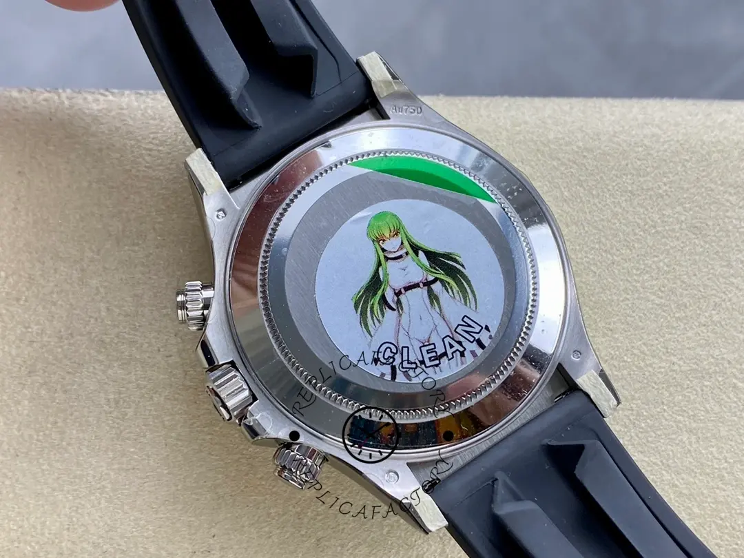 Rolex Daytona 116589TBR, caseback view with protective sticker and Oysterflex strap attachment.