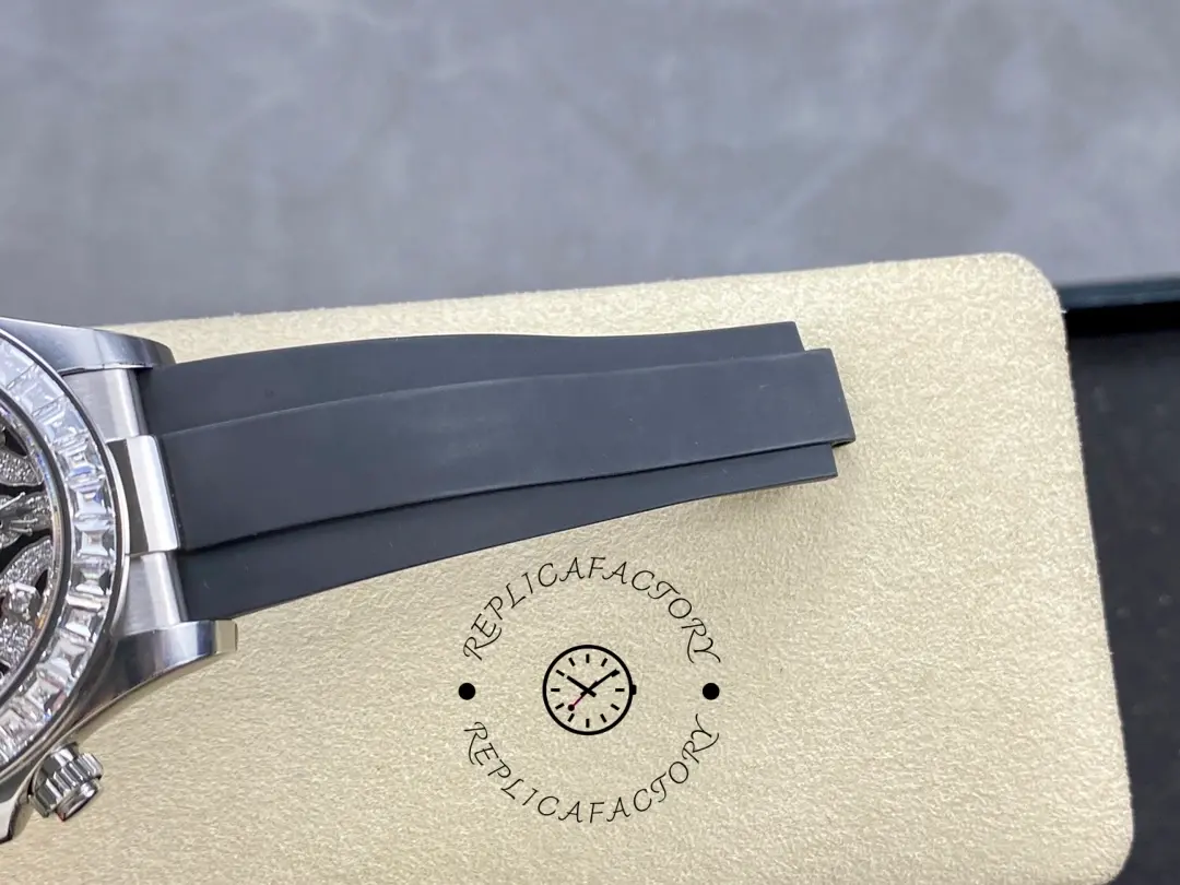 Rolex Daytona 116589TBR, Oysterflex strap section on cushion, showing strap texture and fit.