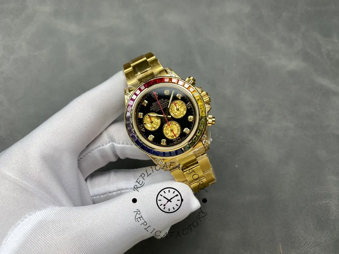 Hand-held shot of Rolex Daytona 116598RBOW showing overall proportions.