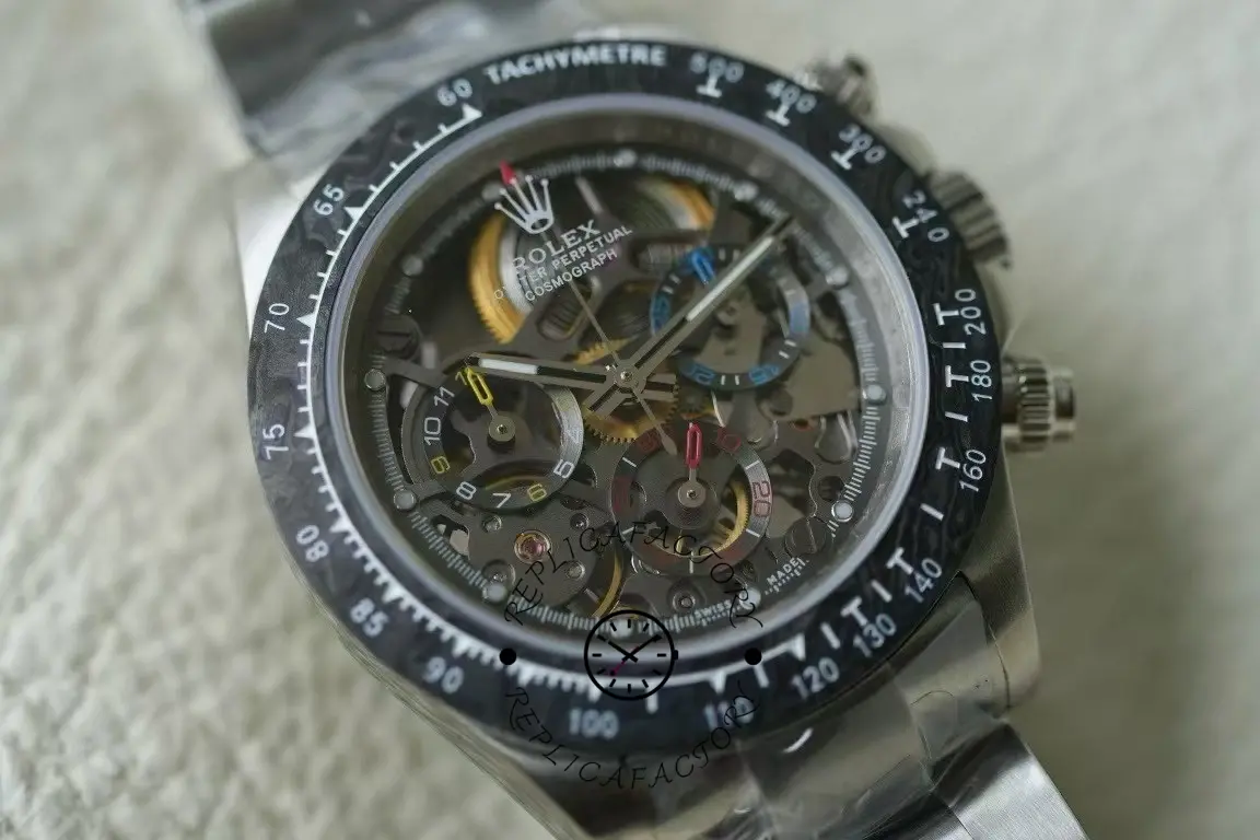 Angled front view of Rolex Daytona 116520 highlighting skeleton dial depth and bezel.