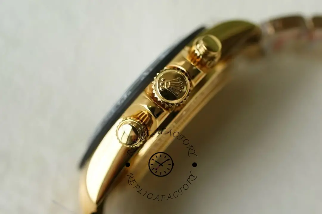 Side detail of the Rolex Daytona 116508 Artisans de Genève Skeleton Dial with crown and pushers visible.