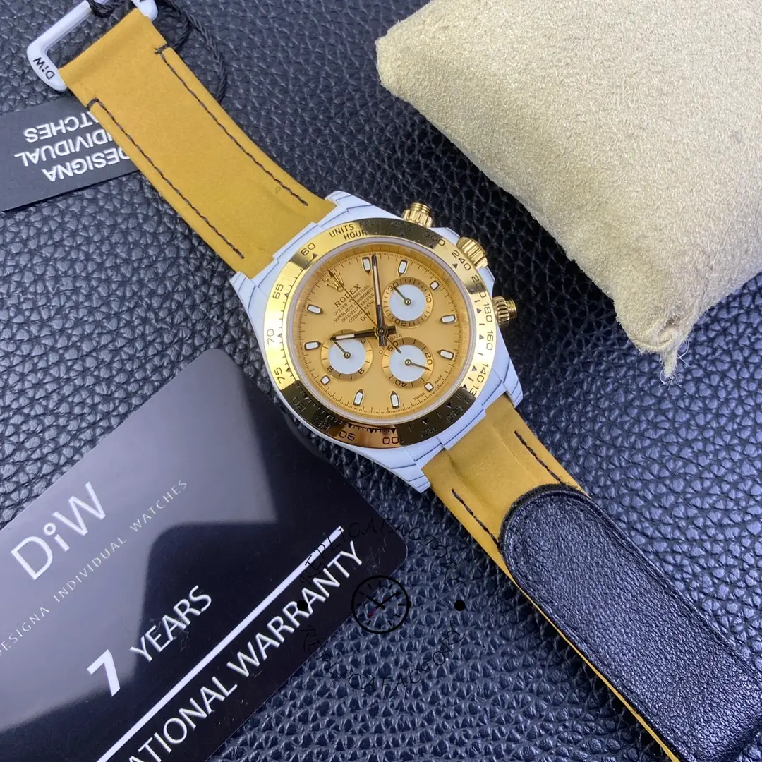Rolex Daytona DiW Quartz Fiber Luminous 40mm, full watch laid flat with card background.