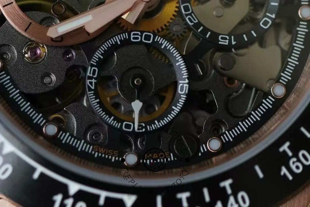 Dial macro of Rolex Daytona 116520 highlighting black skeleton layers and central hands.