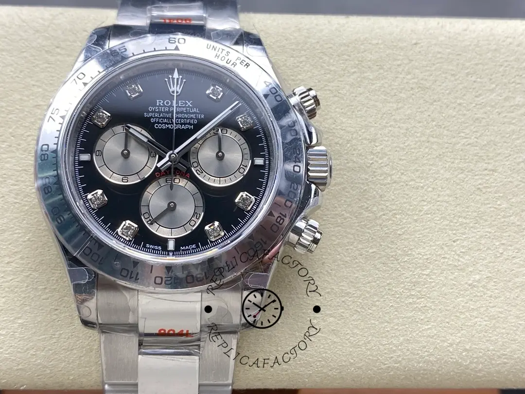 Display view of Rolex Cosmograph Daytona 126509-0002 on cushion, dial and bezel in focus.