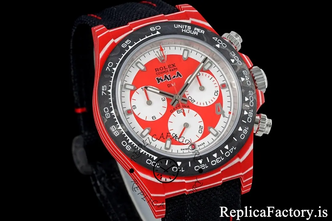 Angled view of the Rolex Daytona DIW x Kakha Kaladze 40mm, carbon bezel and red strap highlighted.