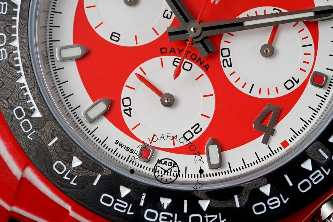 Subdials close-up of the Rolex Daytona DIW x Kakha Kaladze 40mm showing red-and-white chronograph layout.
