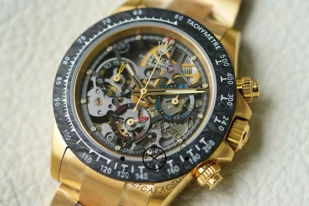 Angled view of the Rolex Daytona 116508 Artisans de Genève Skeleton Dial highlighting bezel and case shape.