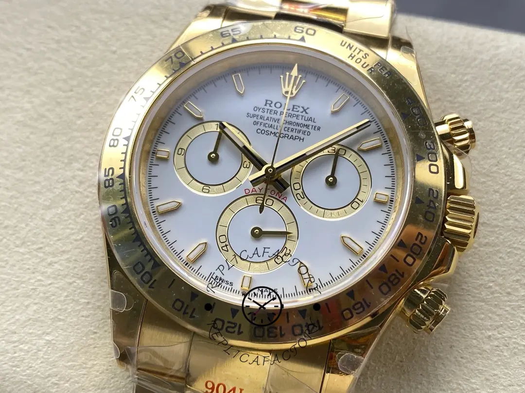Dial close-up of Rolex Daytona 126508-0001 in blue tone, chronograph subdials emphasized.