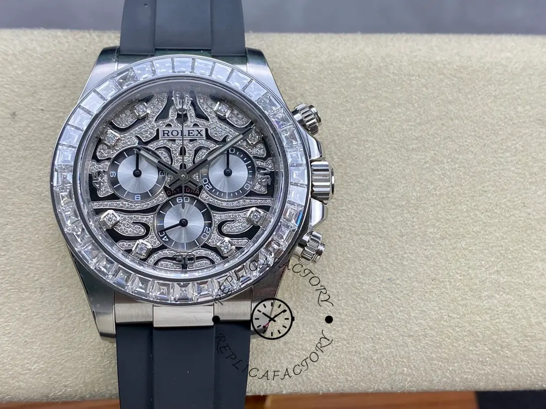 Rolex Daytona 116589TBR, watch on cushion, front view of gem-set bezel and patterned dial.
