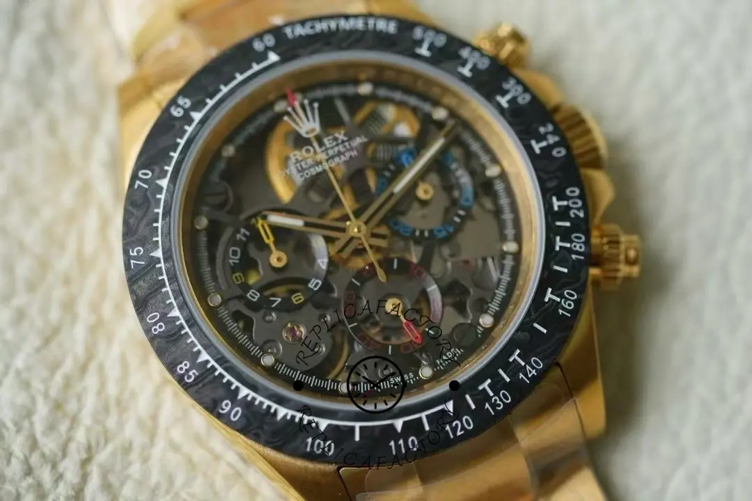 Close-up of the Rolex Daytona 116508 Artisans de Genève Skeleton Dial showing bridges and markers.