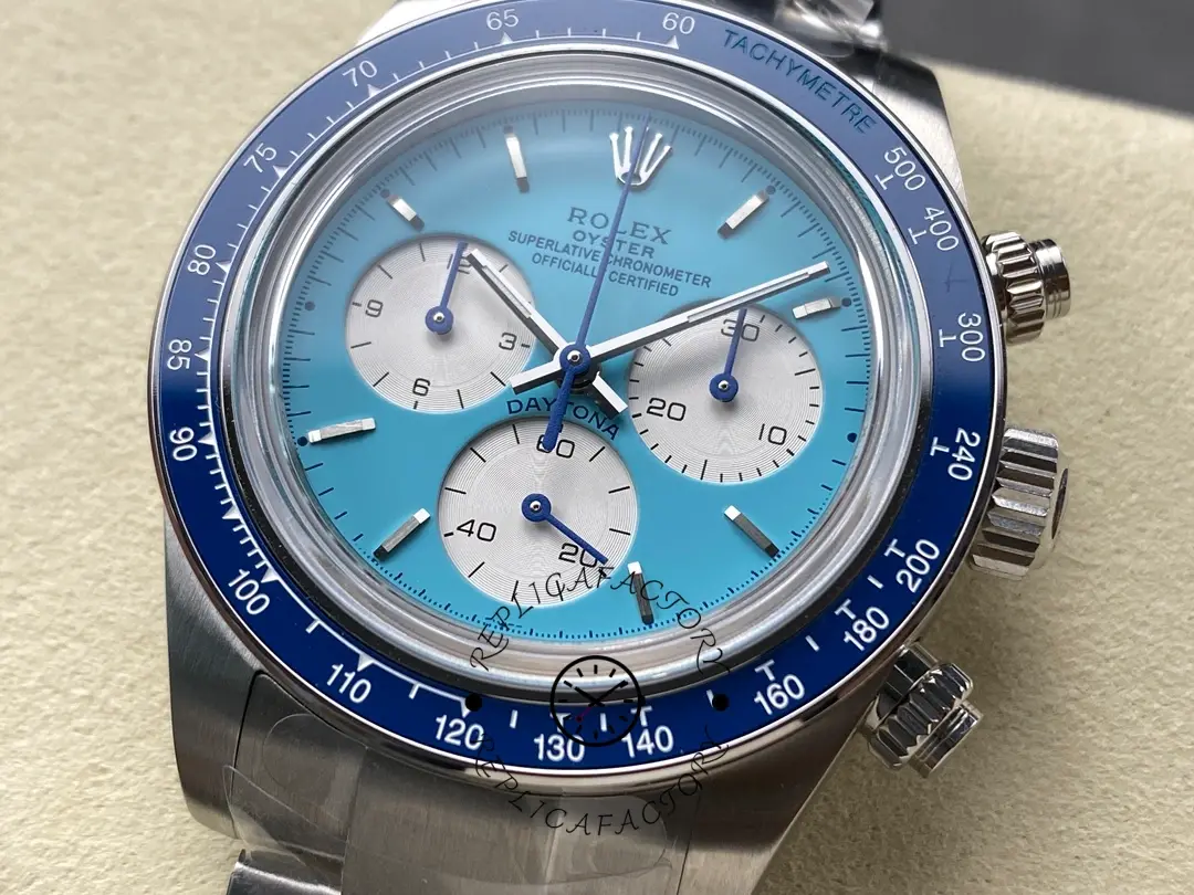 Angled view of the Rolex Daytona Artisans de Genève Customized 40mm showing polished case and blue bezel.
