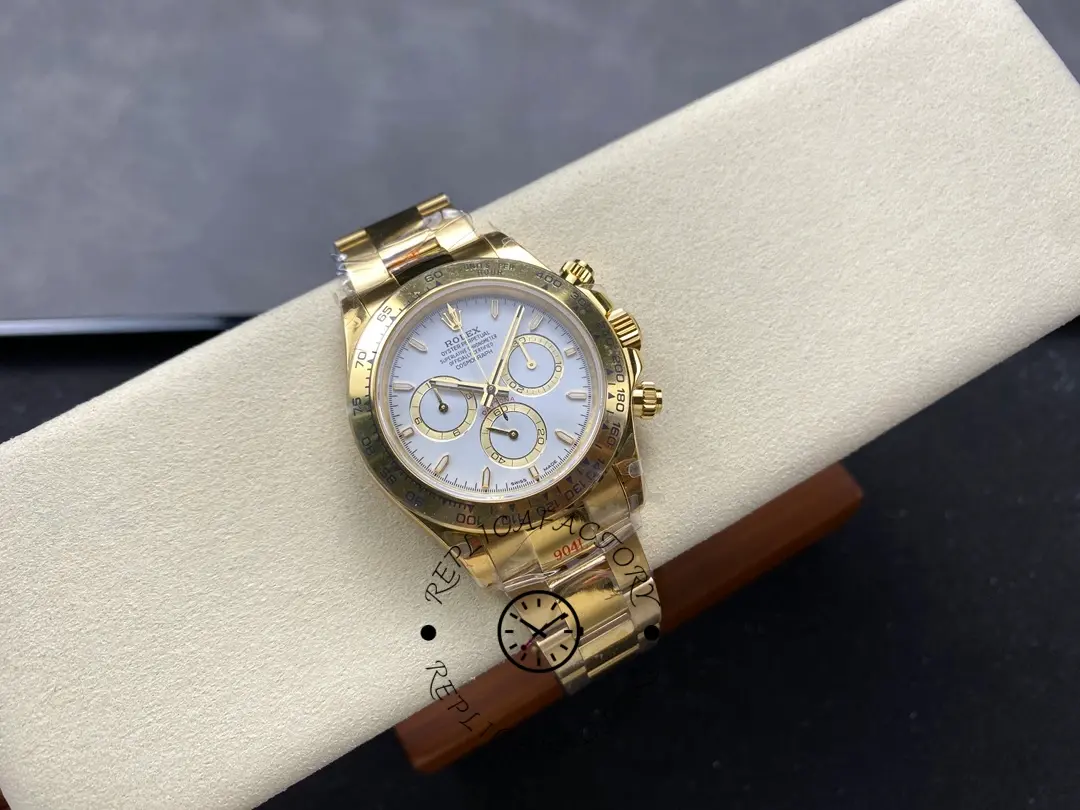 Position display of Rolex Daytona 126508-0001 on cushion, gold case and white dial.