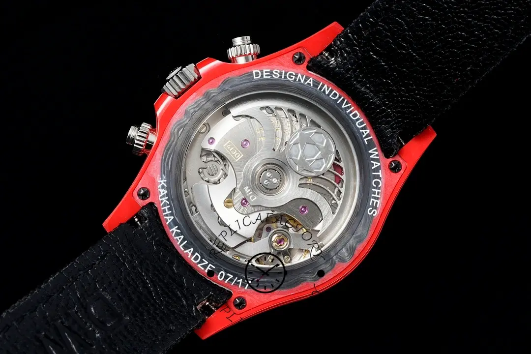 Case back view of the Rolex Daytona DIW x Kakha Kaladze Carbon Fiber 40mm with transparent back.