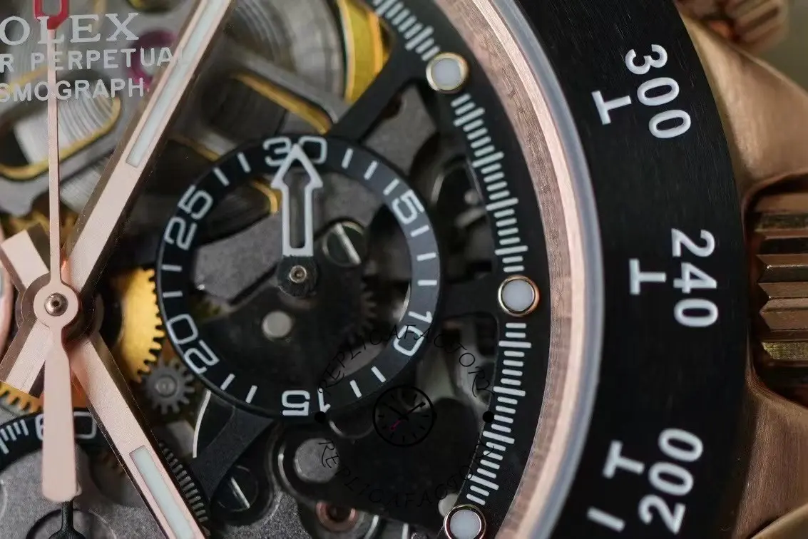 Bezel scale close-up of Rolex Daytona 116520 showing tachymeter markings and dial edge.