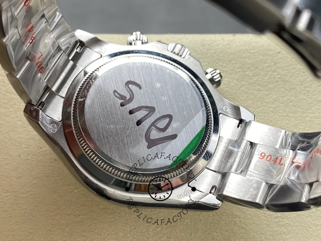 Case back view of Rolex Cosmograph Daytona 126509-0002 showing protective sticker on the back.