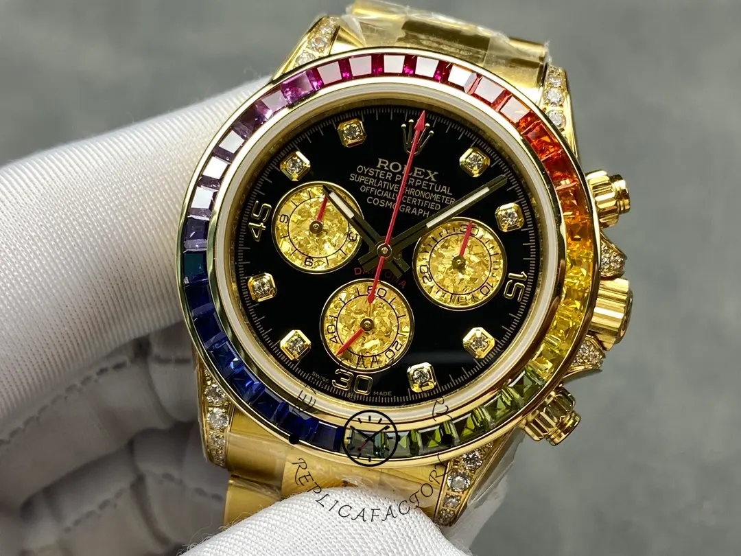 Angled view of the dial close-up of Rolex Daytona 116598RBOW highlighting gold subdials.
