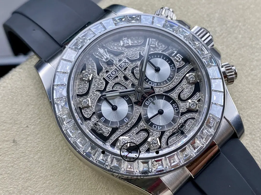 Rolex Daytona 116589TBR, angled close-up of patterned dial, subdials, and gem-set bezel.