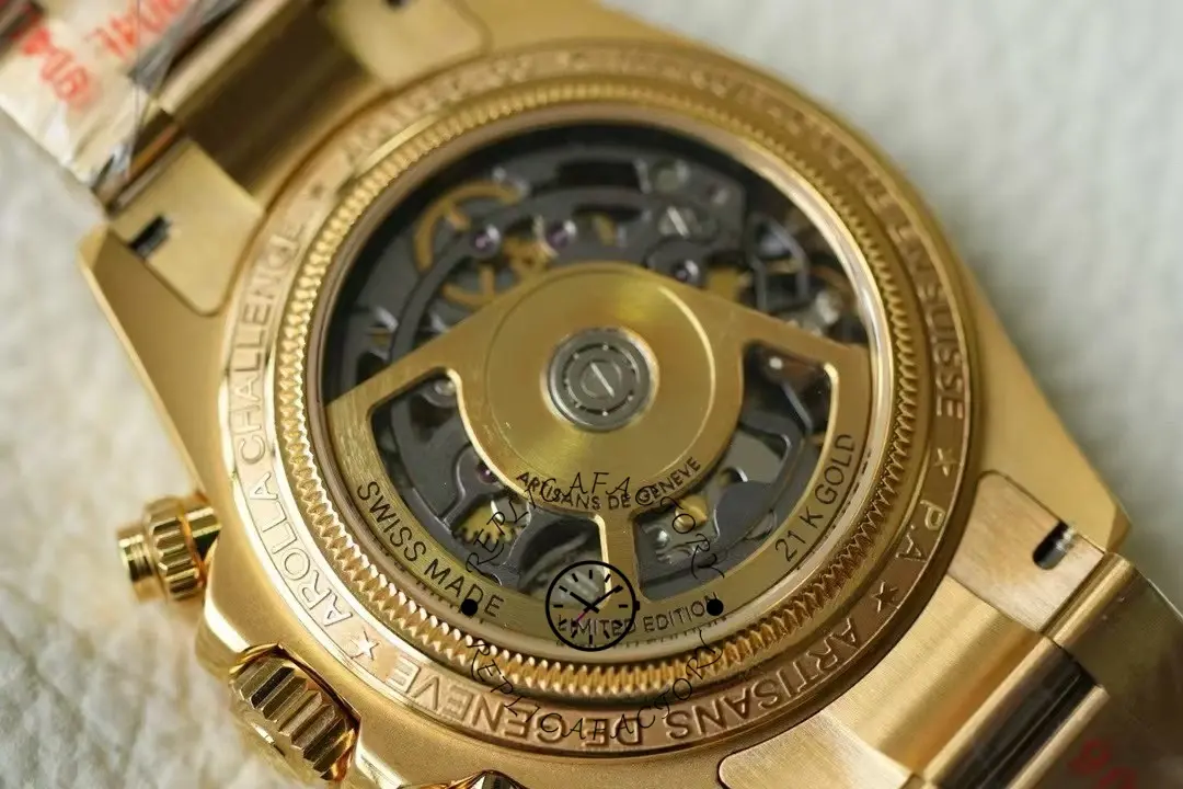 Case back view of the Rolex Daytona 116508 Artisans de Genève Skeleton Dial showing movement and rotor.