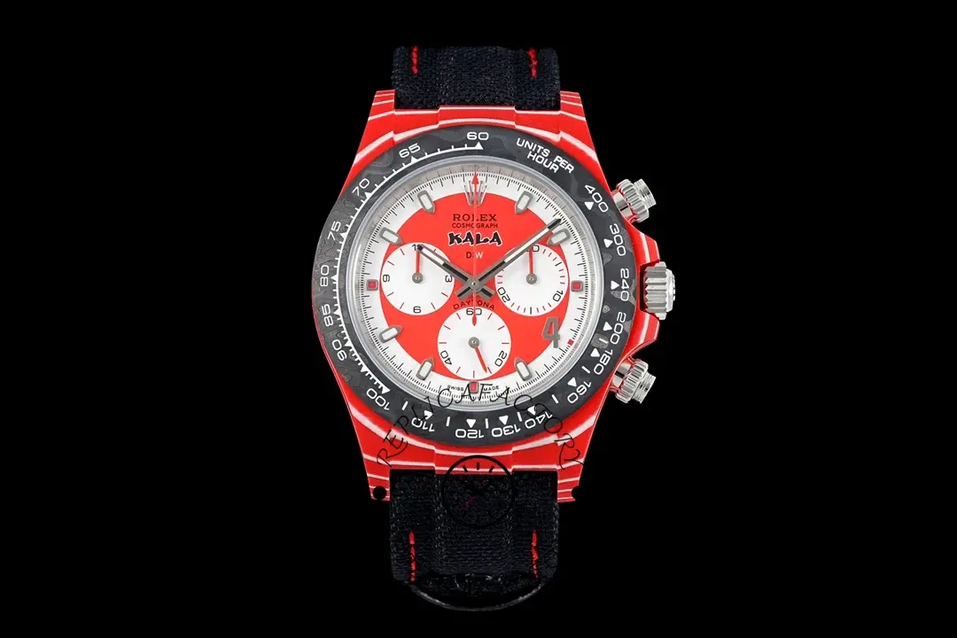 Full watch view of the Rolex Daytona DIW x Kakha Kaladze 40mm on black background, red strap visible.