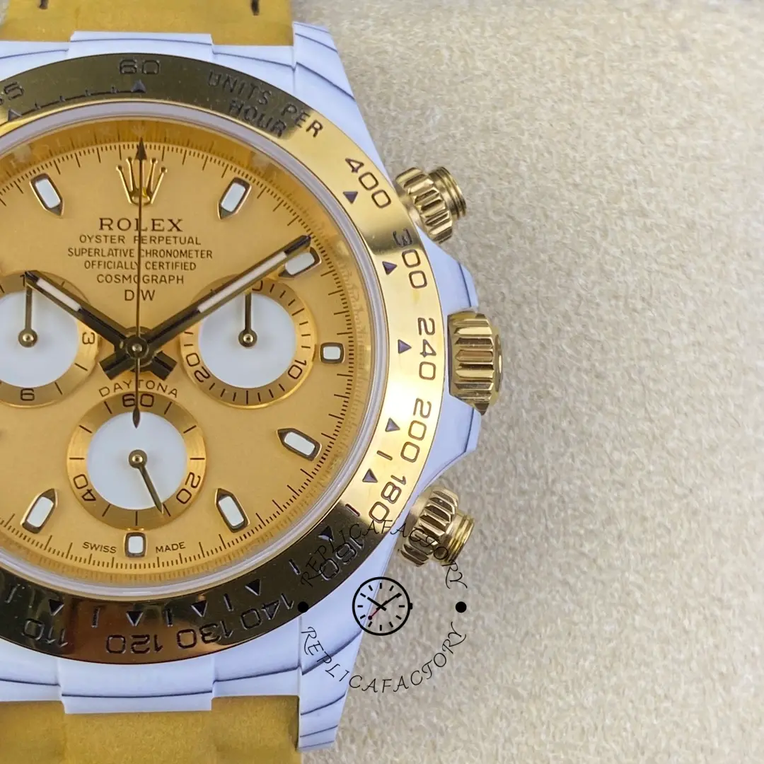 Rolex Daytona DiW Quartz Fiber Luminous 40mm, yellow dial close-up with chronograph subdials.