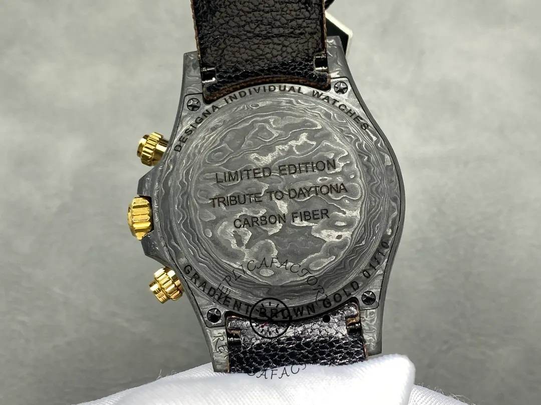 Case back view of Rolex Daytona DiW Black Gold showing engraved back and strap fit.