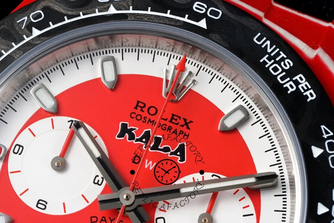 Dial close-up of the Rolex Daytona DIW x Kakha Kaladze 40mm with tachymeter bezel and red accents.