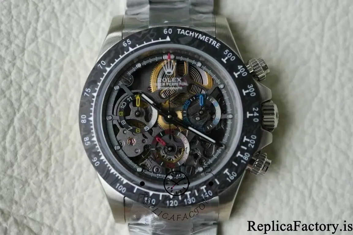 Dial close-up of Rolex Daytona 116520 showing skeleton movement details and subdials.