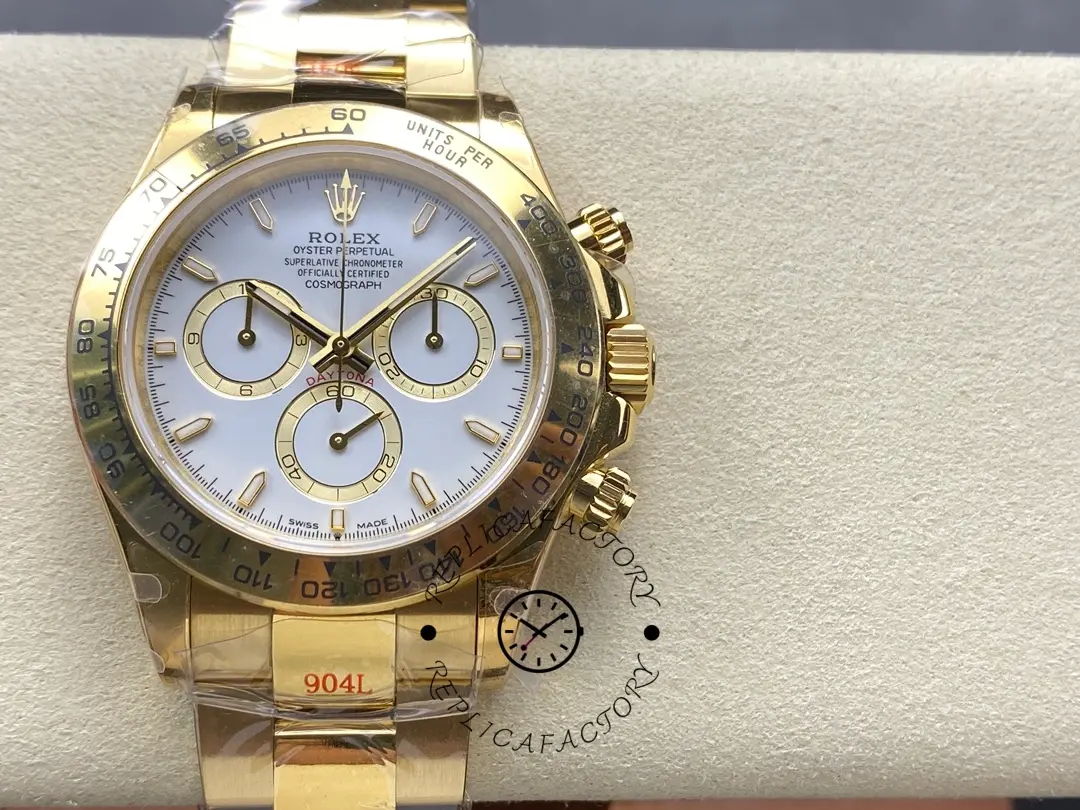 Front view of Rolex Daytona 126508-0001 in blue lighting, white dial and gold case visible.