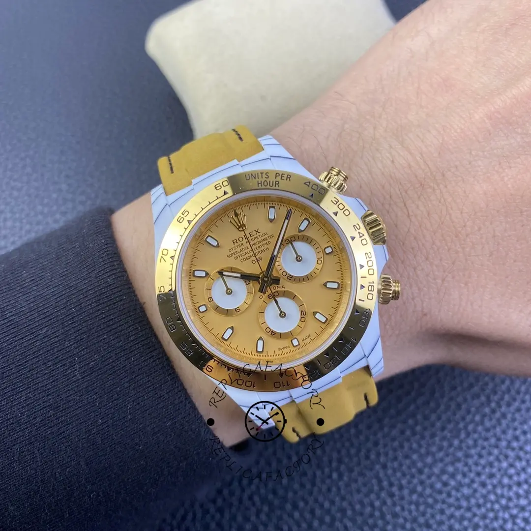 Rolex Daytona DiW Quartz Fiber Luminous 40mm, wrist shot showing yellow dial and strap.
