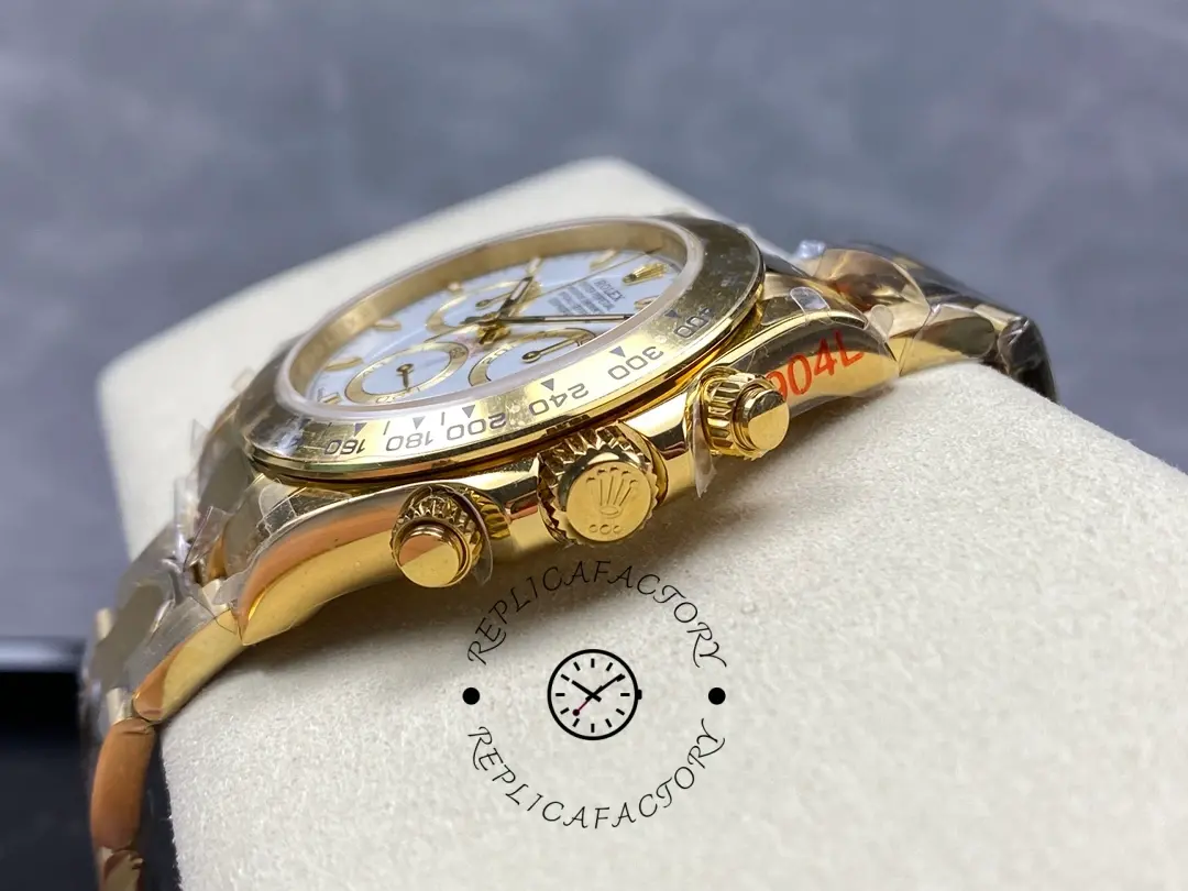 Case-side close-up of Rolex Daytona 126508-0001 showing crown and chronograph pushers.