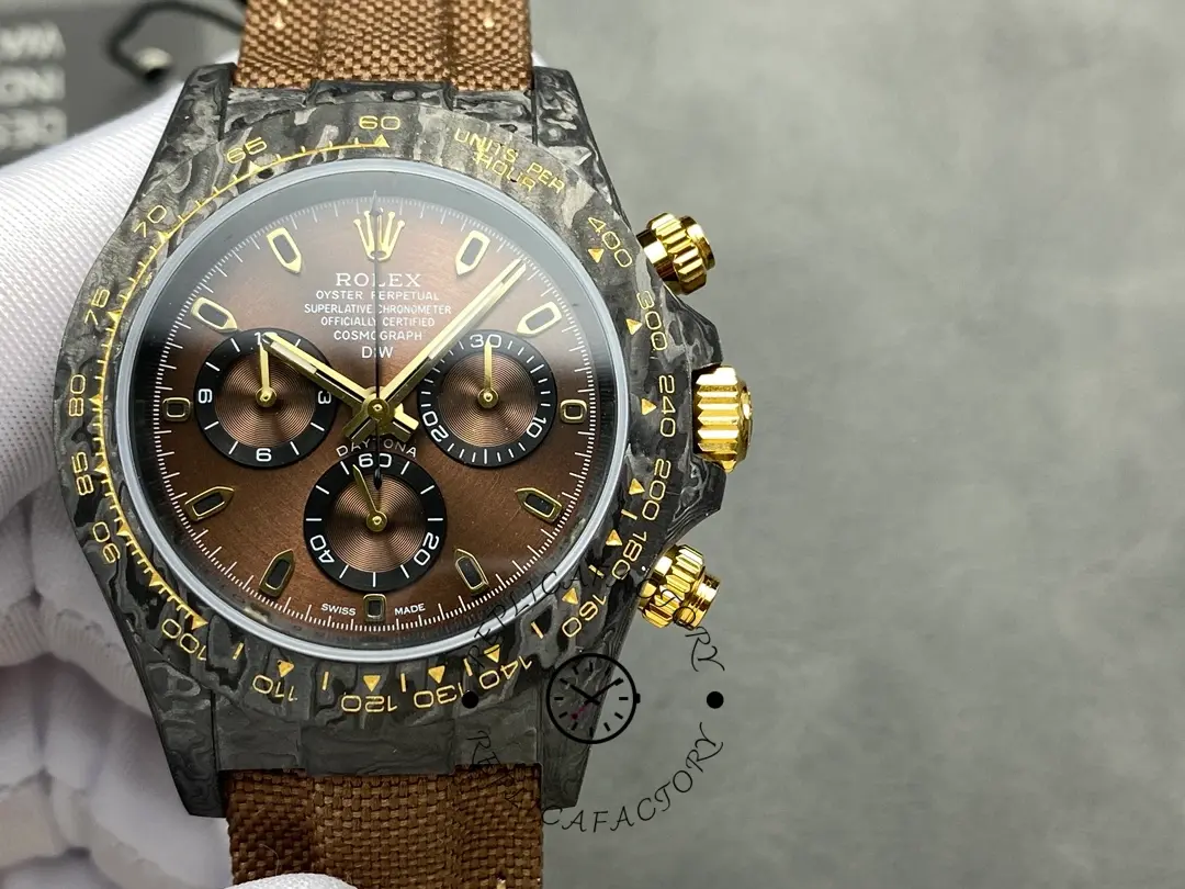 Close-up dial of Rolex Daytona DiW Black Gold, skeleton-style look with gold details.