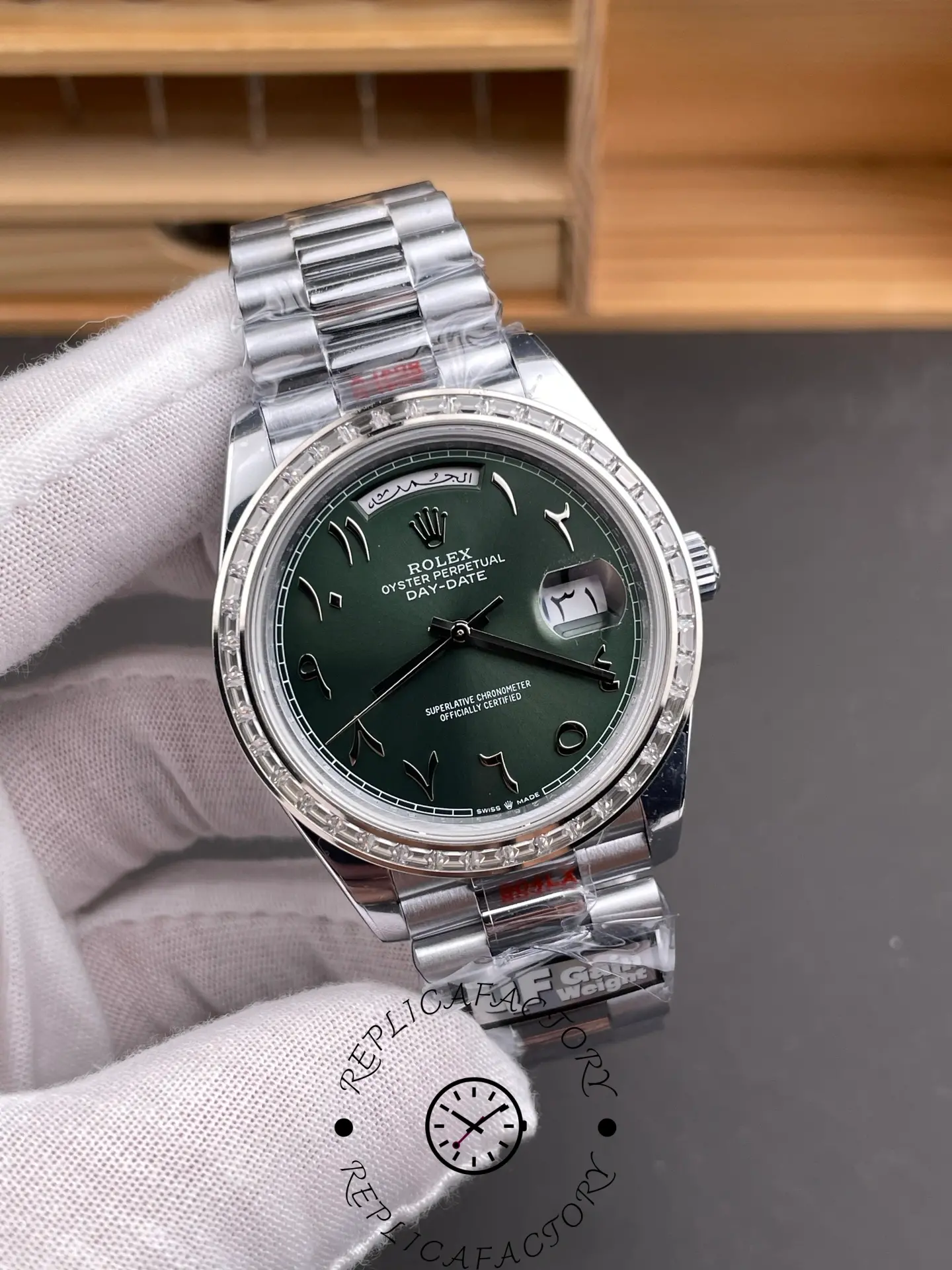 Rolex Day-Date 40 Platinum Arabic Numerals Green with Diamonds 228396tbr