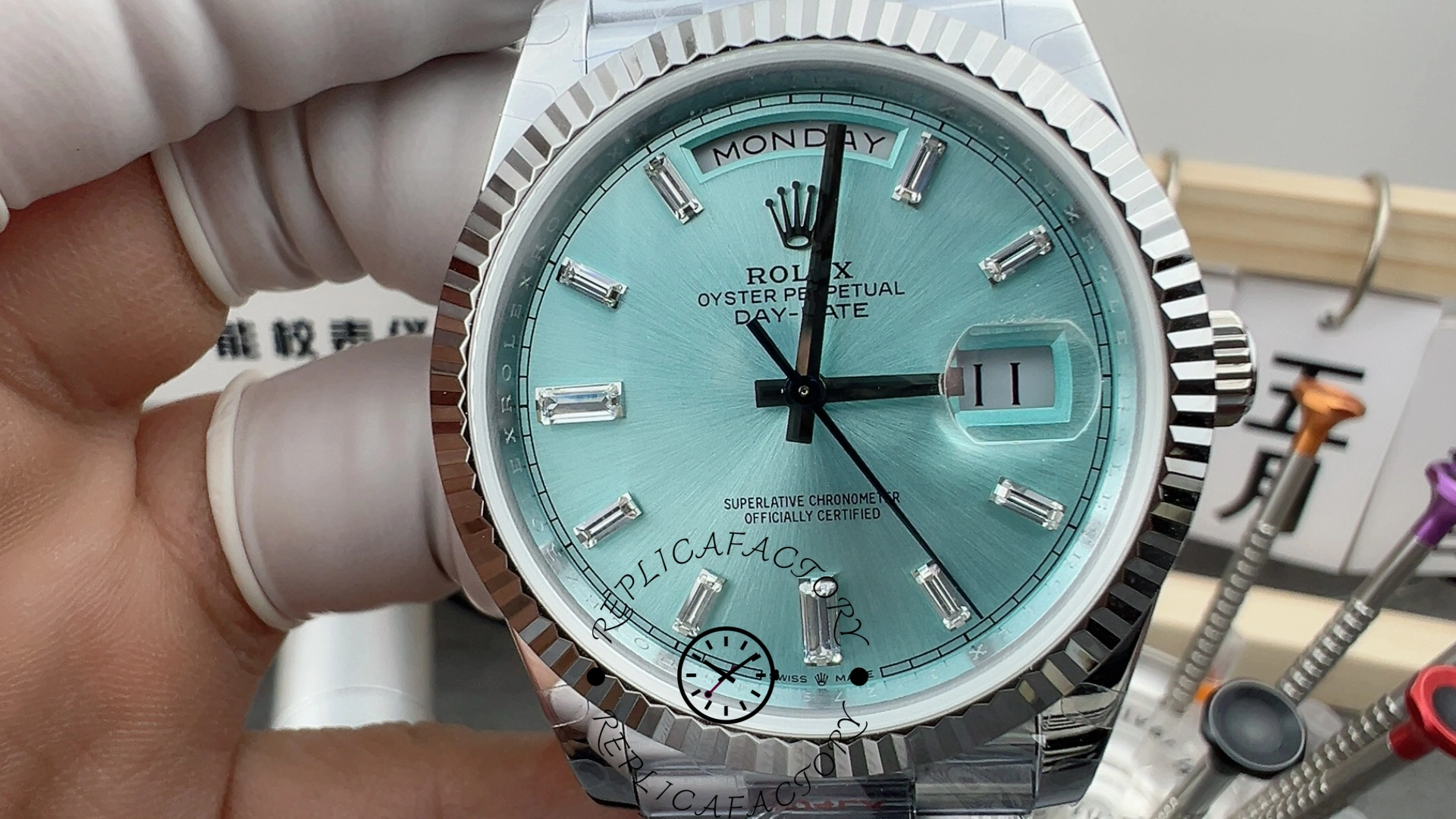 Rolex Day Date 40mm Platinum 228236 0006 Ice Blue Baguette